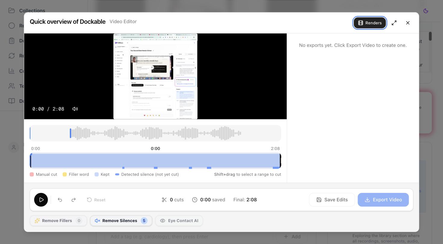 The Renders tab, showing render history for a video